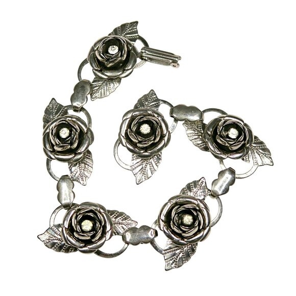 Vintage Mid-Century Rhinestone Rose Bracelet Silver Tone Floral Link Jewelry - Picture 2 of 6
